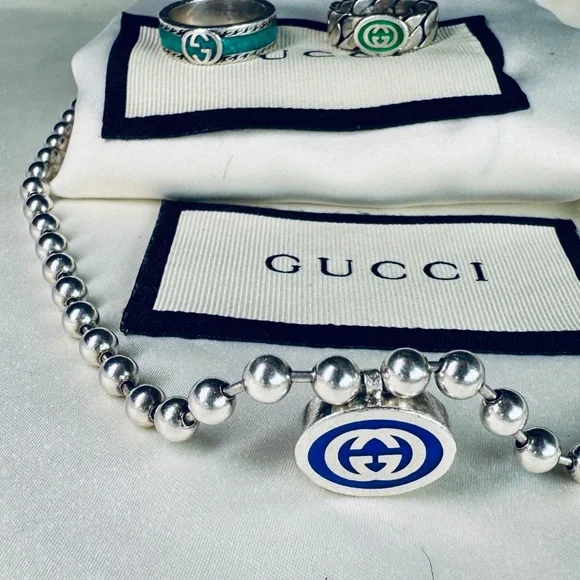 GUCCI Enamel Trio: Blue Interlocking G Necklace & (2) Turquoise Rings - Picture 2 of 16